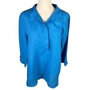 Chico's Women's Linen Tunic Top Blouse Size 2 US 12 Blue Long Sleeve Button Back